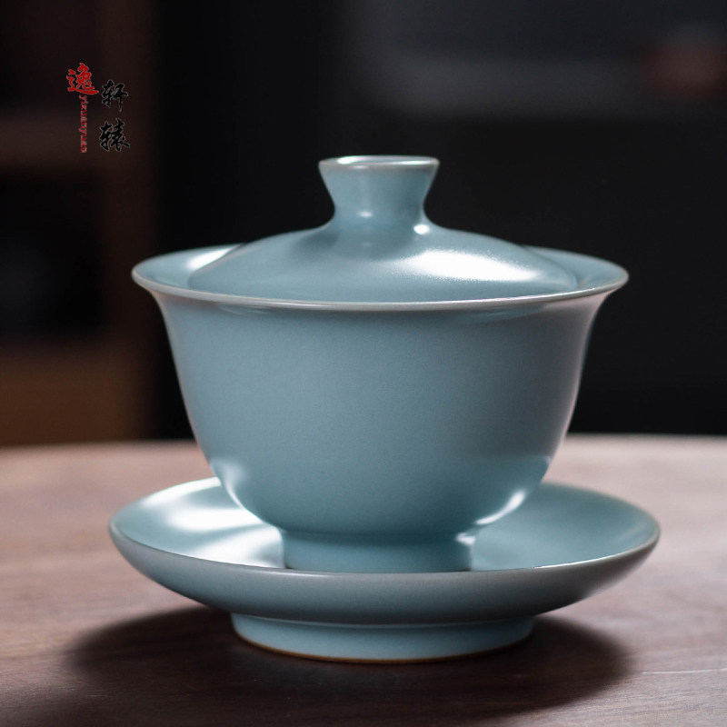 汝窑三才盖碗茶杯手工天青色可悬停泡茶碗汝瓷不开片单个陶瓷茶具