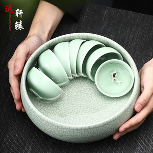 逸轩辕汝窑茶洗陶瓷杯洗笔洗冰裂纹开片可养水洗大号茶道茶具花盆