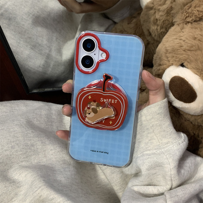 LYBH 韩系红蓝撞色格纹苹果腊肠狗磁吸支架适用iphone15promax手机壳14网红苹果16pro小众ins风13女款15pro