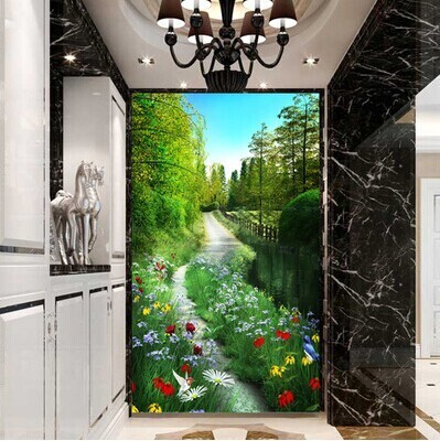 3d立体壁画竖版玄关过道走廊背景墙纸壁纸画田园自然风景延伸空.