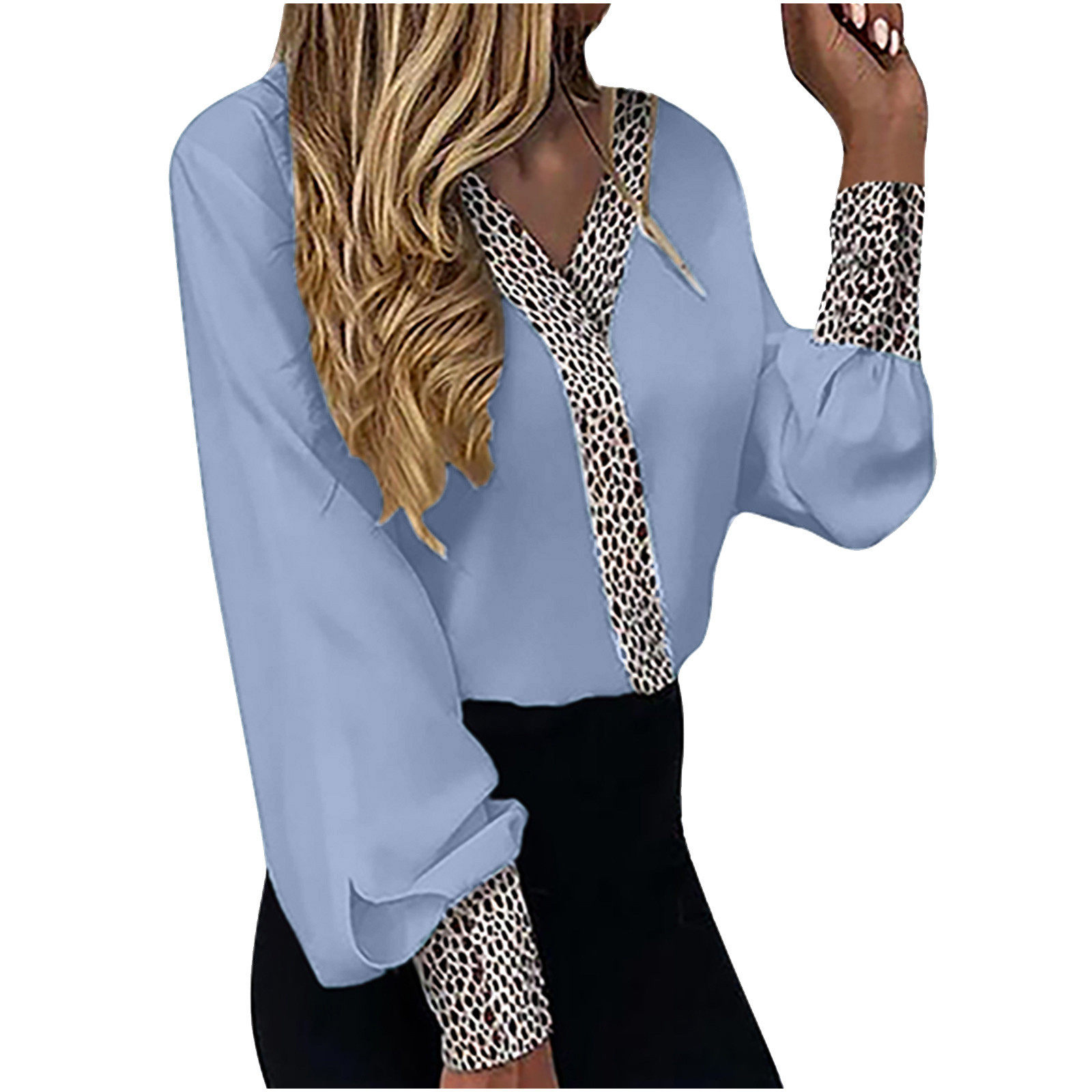 womens ins v-neck leopard print thin casual long sleeve top