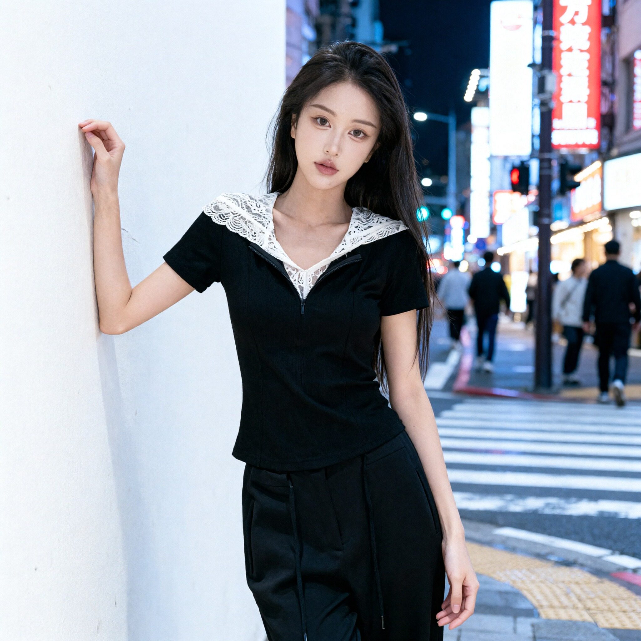 SIYA新款蕾丝拼接两件套连帽短袖打底衫假两件T恤上衣女森女短袖