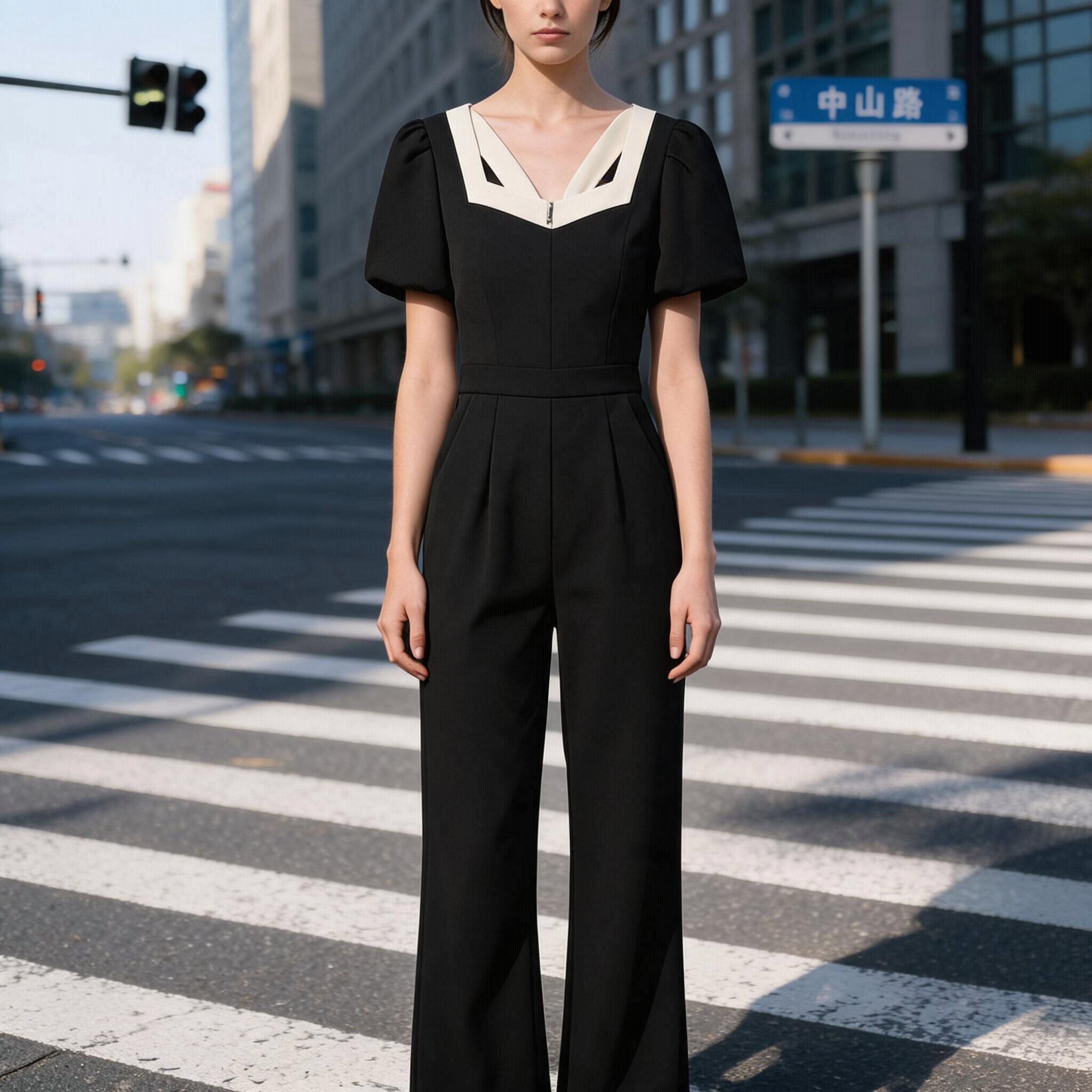 2026夏季新款女法式赫本风方领泡泡袖连体衣名媛气质连体裤D5821