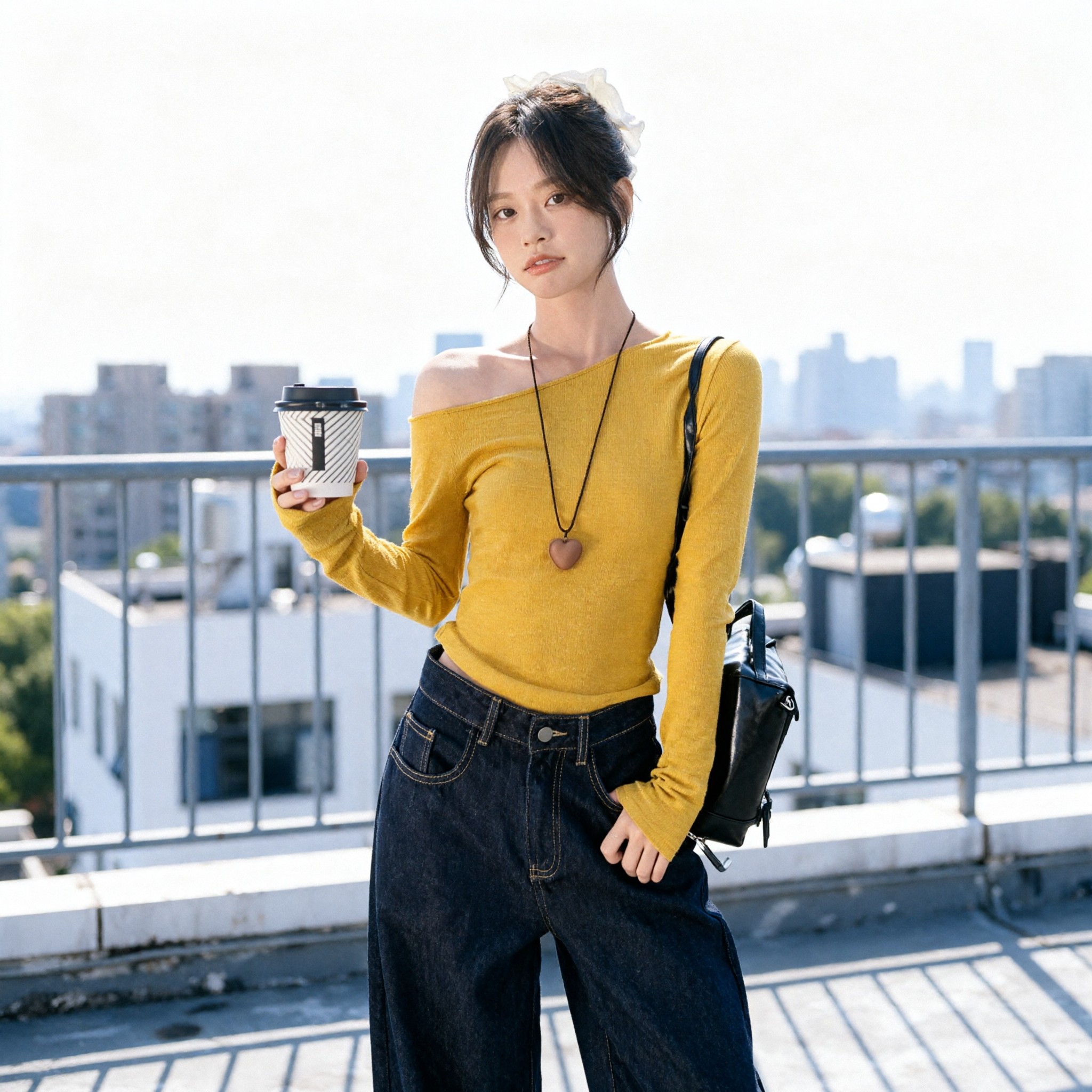 黄色斜肩长袖恤女春季可外穿修身
