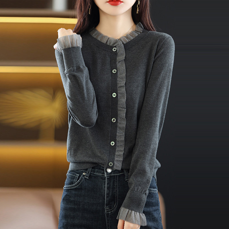 蕾丝针织开衫女春秋慵懒气质2025新款大码百搭新品假两件上衣