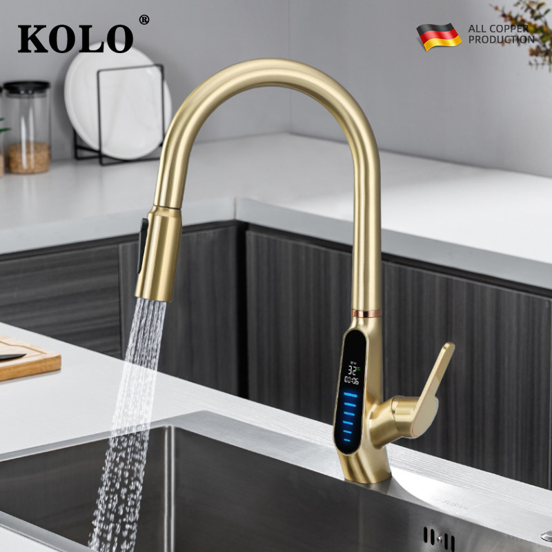 德国厨房洗菜盆抽拉式水龙头冷热智能数显净水三合一增压全铜金色