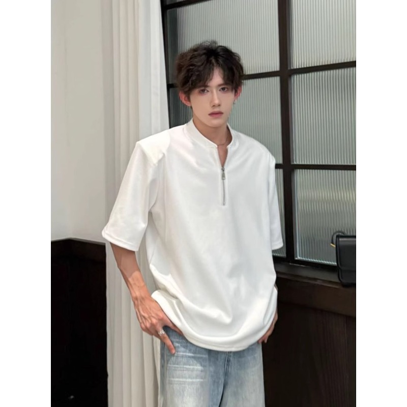 少年感穿搭半拉链短袖男款夏季美式高街青少年白色T恤痞帅五分袖