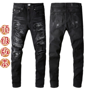 Amiri牛仔裤破洞牛仔裤男潮牌修身小脚弹力黑色休闲长裤子