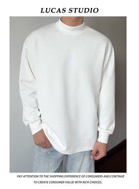 【半高领】高级感重磅400g太空棉长袖T恤男白色春加绒厚款打底衫