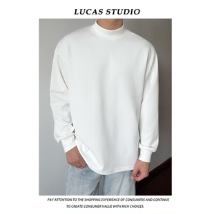 T恤男白色春加绒厚款 高级感重磅400g太空棉长袖 打底衫 半高领