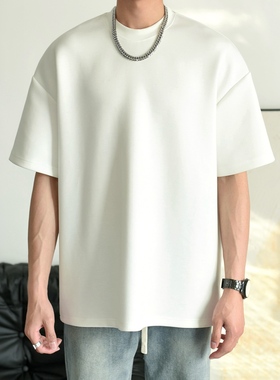 【显肩宽】重磅320克太空棉短袖打底男女白色圆领T恤宽松夏季内搭