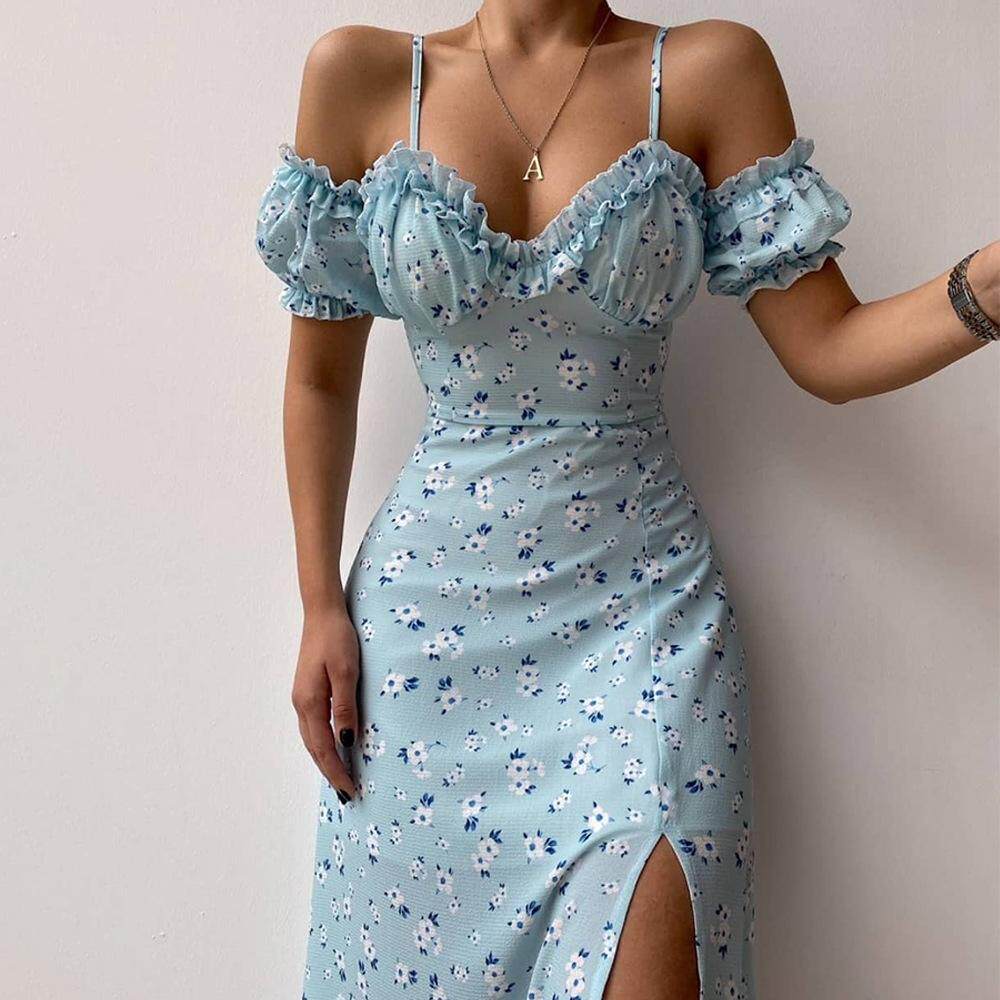 Floral strapless dress性感抹胸中长裙开衩碎花法式吊带连衣裙