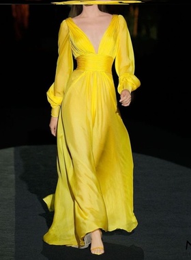 V-neck long dresses气质深V领长款礼服黄色长袖大摆连衣裙典雅裙