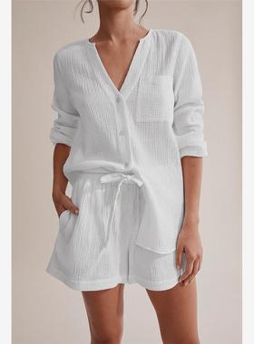 夏白色长袖空调服法式修身纯色套装欧美ins时尚设计女casual suit