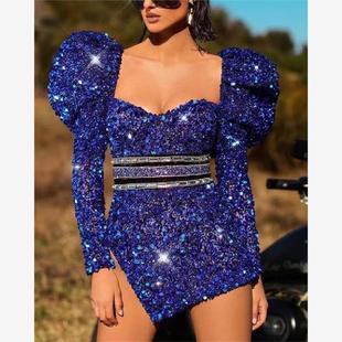 欧美女长袖时尚性感亮闪闪晚礼服中裙 sexy party evening dress