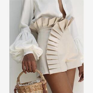 欧美米白百褶花边设计高腰短裤Women ruffle high waist shorts