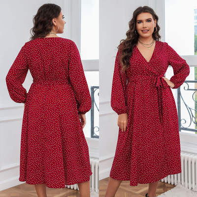 Big size women autumn casual print v neck party dinner dress