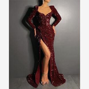 sleeved 欧美女长袖 亮片长裙连衣裙礼服Women long dress sequin
