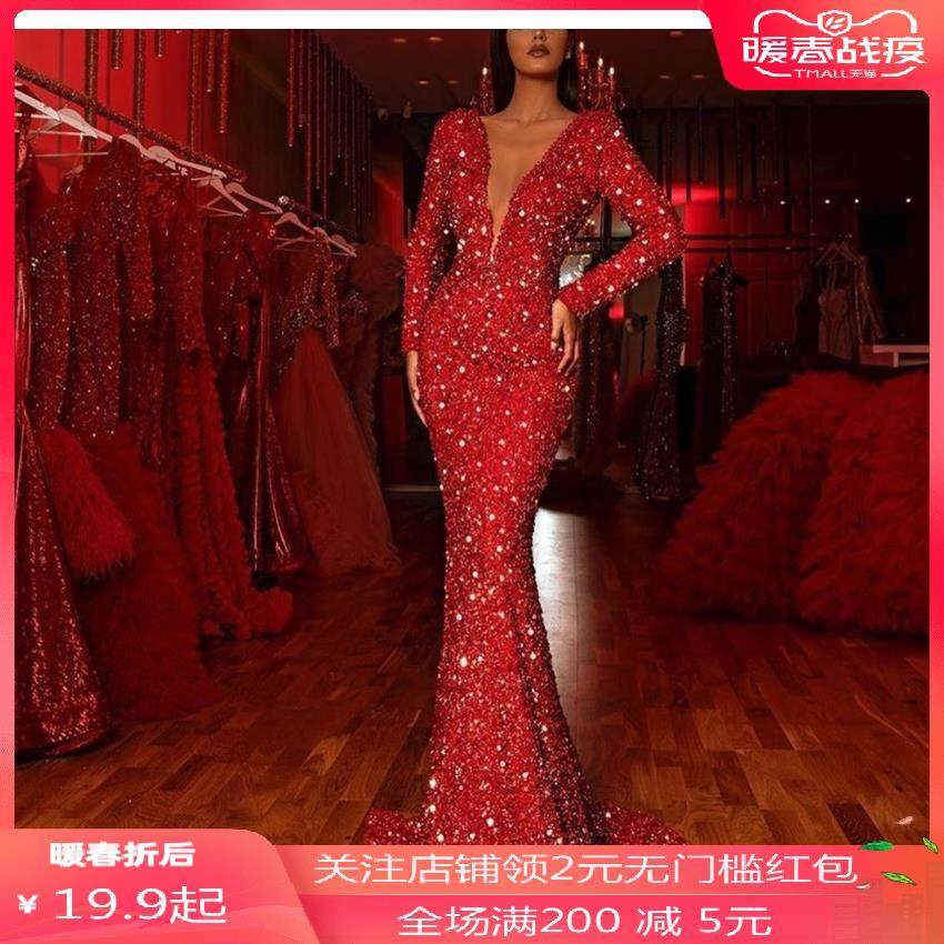 红色亮晶晶长袖V领礼服长裙 Red Sequins gown women party dress