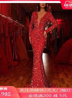 红色亮晶晶长袖V领礼服长裙 Red Sequins gown women party dress