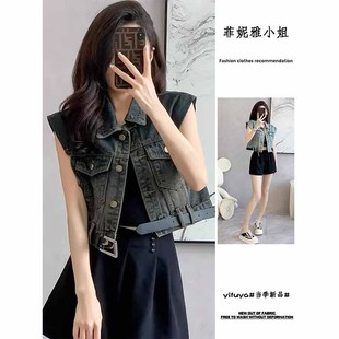 复古洋气牛仔马甲背心女春夏韩系小飞袖 上衣外套 宽松减龄坎肩短款