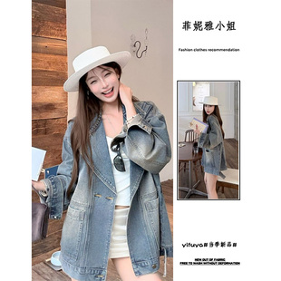 复古牛仔西服领外套女春秋新款高级感小个子宽松百搭长袖上衣夹克