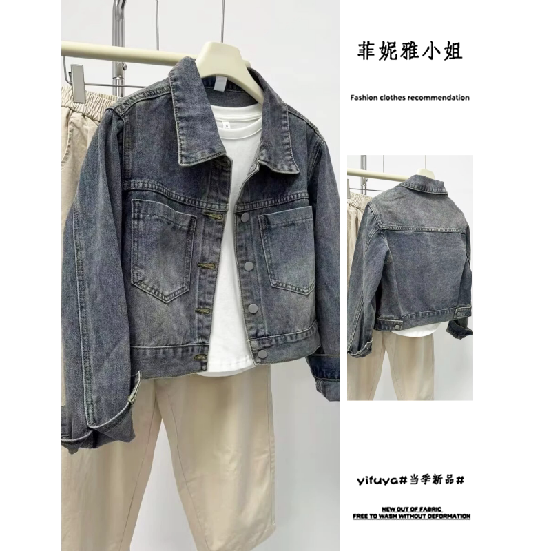 复古水洗牛仔短外套女小个子图片