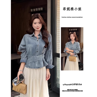韩版复古牛仔风翻领收腰衬衫女春秋长袖气质显瘦百搭设计感短外套