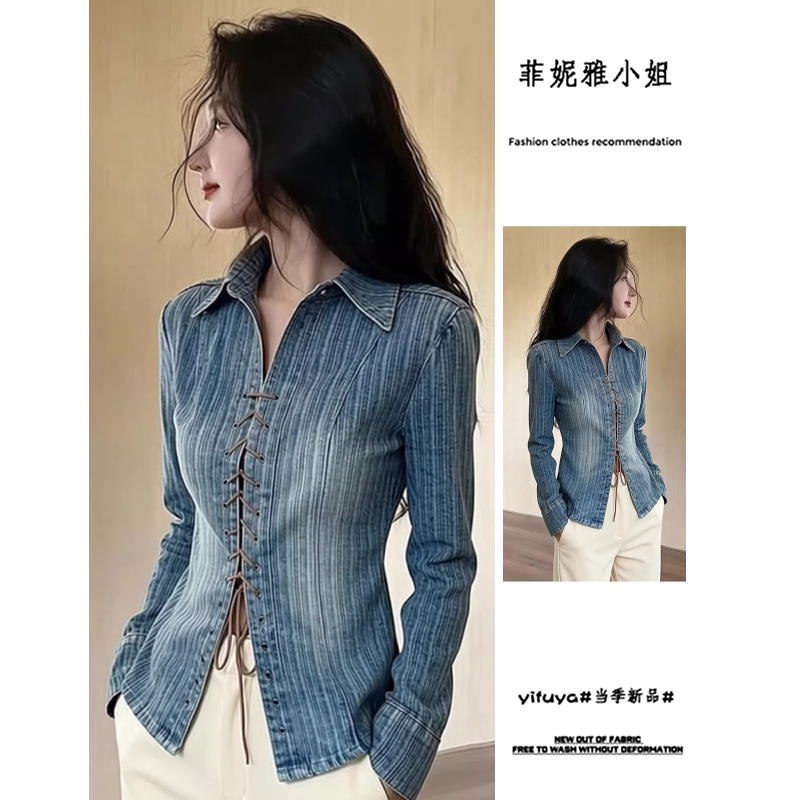 韩版蓝色牛仔衬衫女2026春新款高级感减龄洋气独特超好看复古绑带