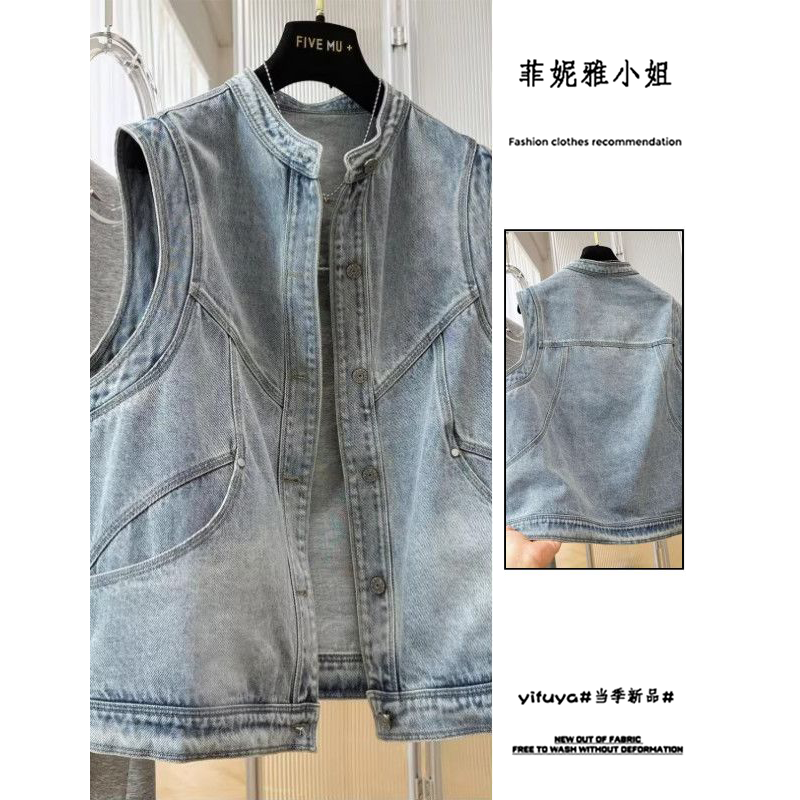 时髦洋气超好看时尚浅蓝牛仔马甲女春季新款百搭坎肩背心外套上衣