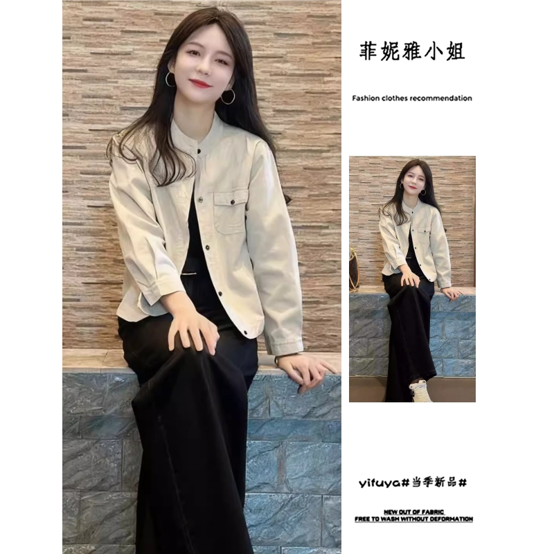 立领休闲衬衫外套女短款上衣图片