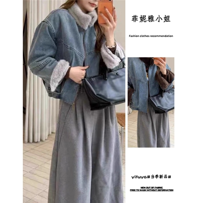 韩系复古牛仔棉服秋冬新款
