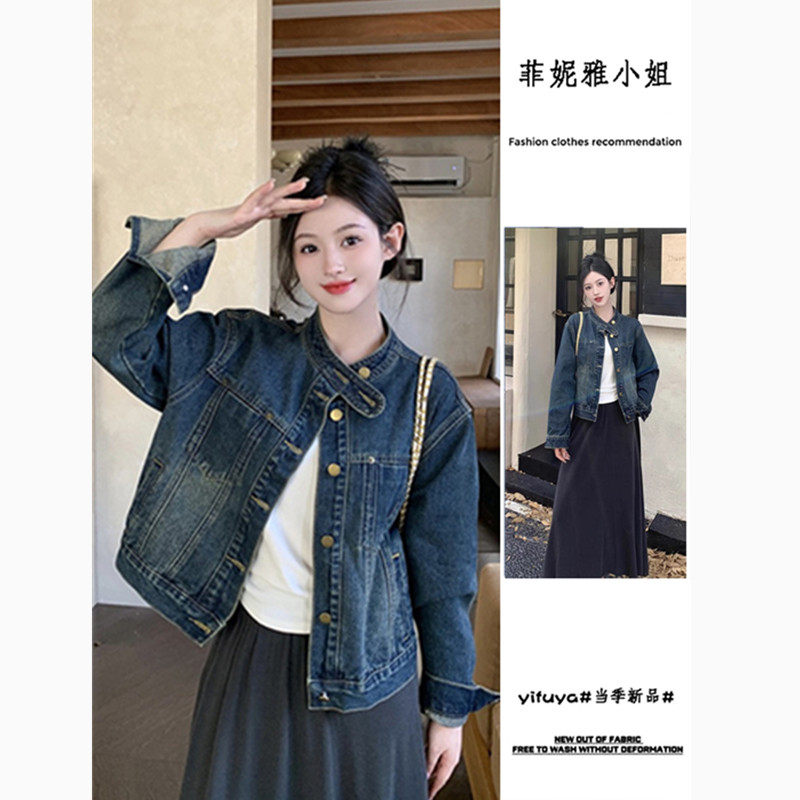 复古立领短款牛仔外套女