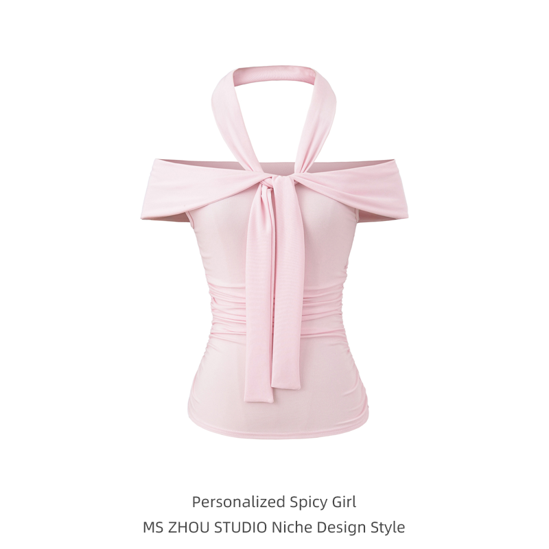 粉色纯欲挂脖绑带一字肩T恤抹胸