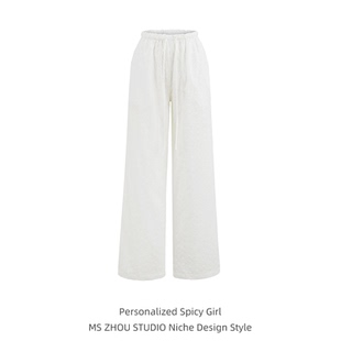 白色重工刺绣雏菊花抽绳阔腿裤子女夏季高腰显瘦宽松休闲直筒长裤