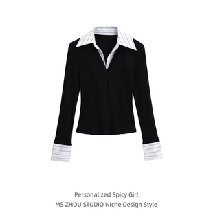 设计感假两件v领长袖衬衫女春秋拼接翻领针织衫修身显瘦打底上衣