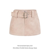 辣妹腰带装 美式 复古麂皮绒低腰包臀半身裙女秋季 饰防走光a字短裙