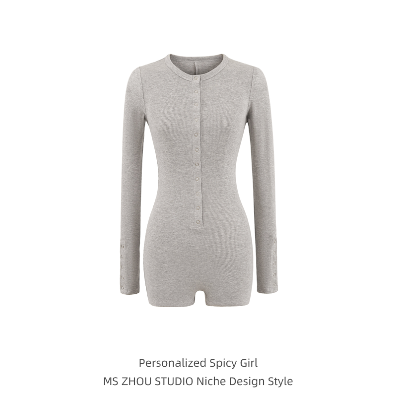 欧美风单排扣圆领长袖连体衣瑜伽