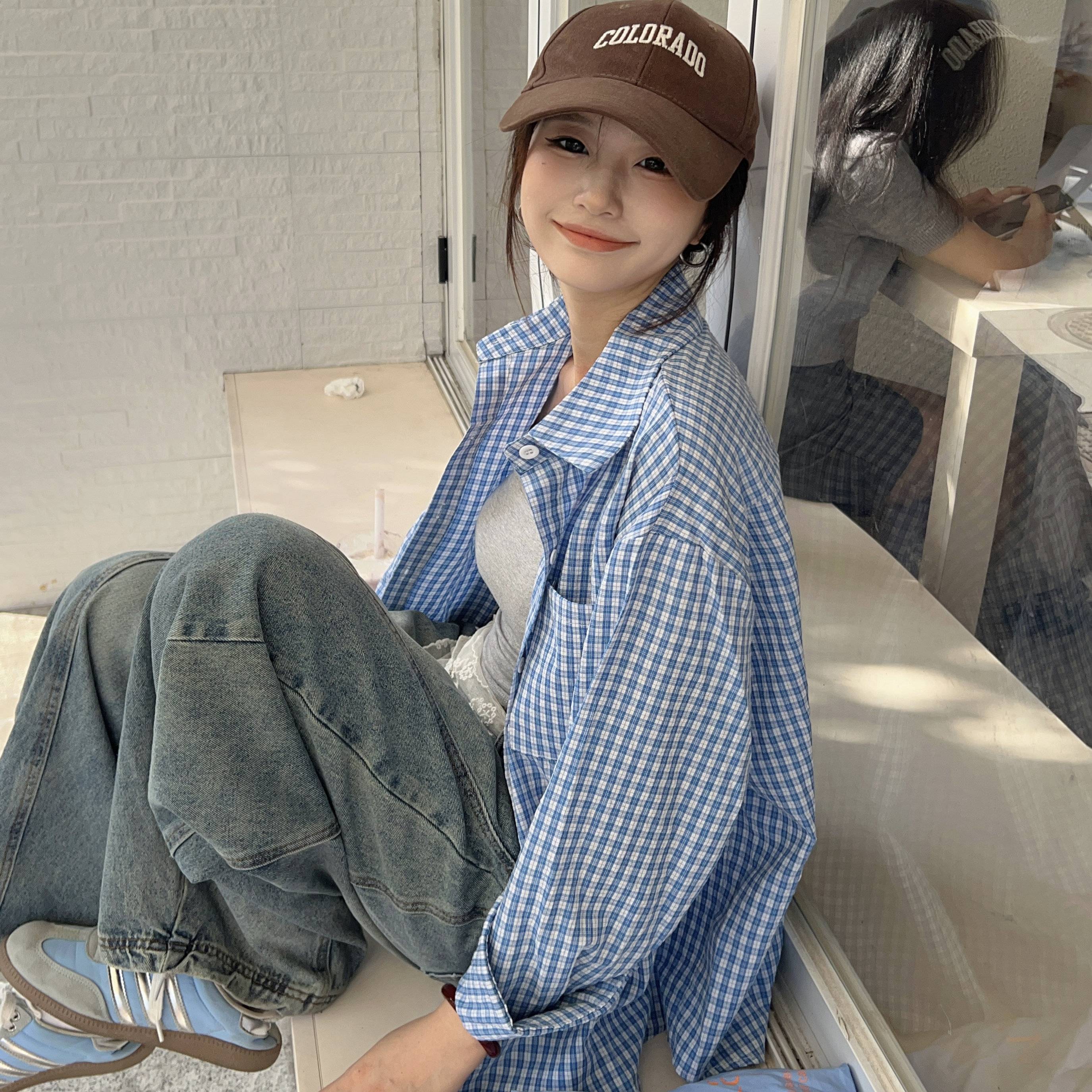 蓝色格子衬衫女春夏韩系宽松小众