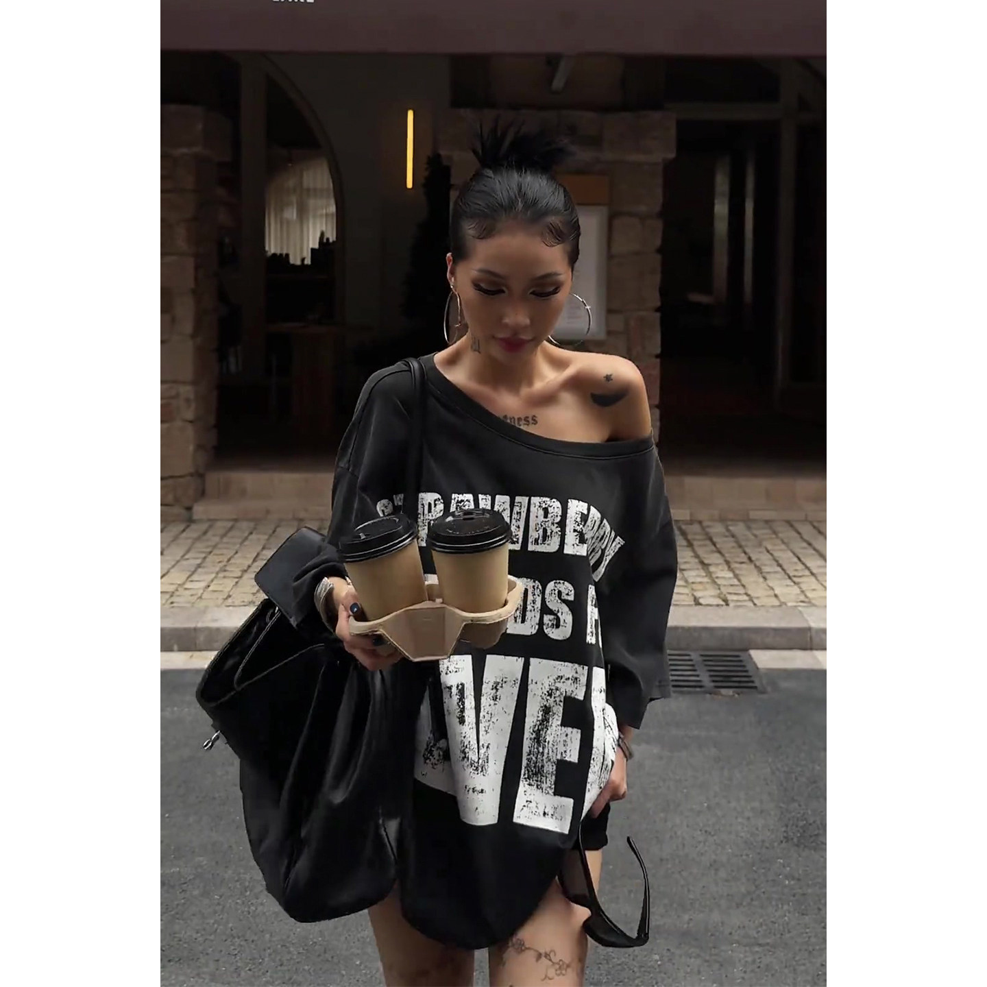 美式复古斜肩字母印花长袖T恤女