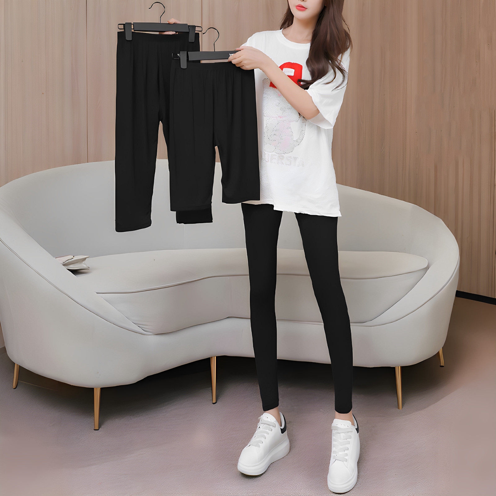 五分打底裤女夏薄款莫代尔七分中裤外穿高腰大码弹力紧身九分秋裤