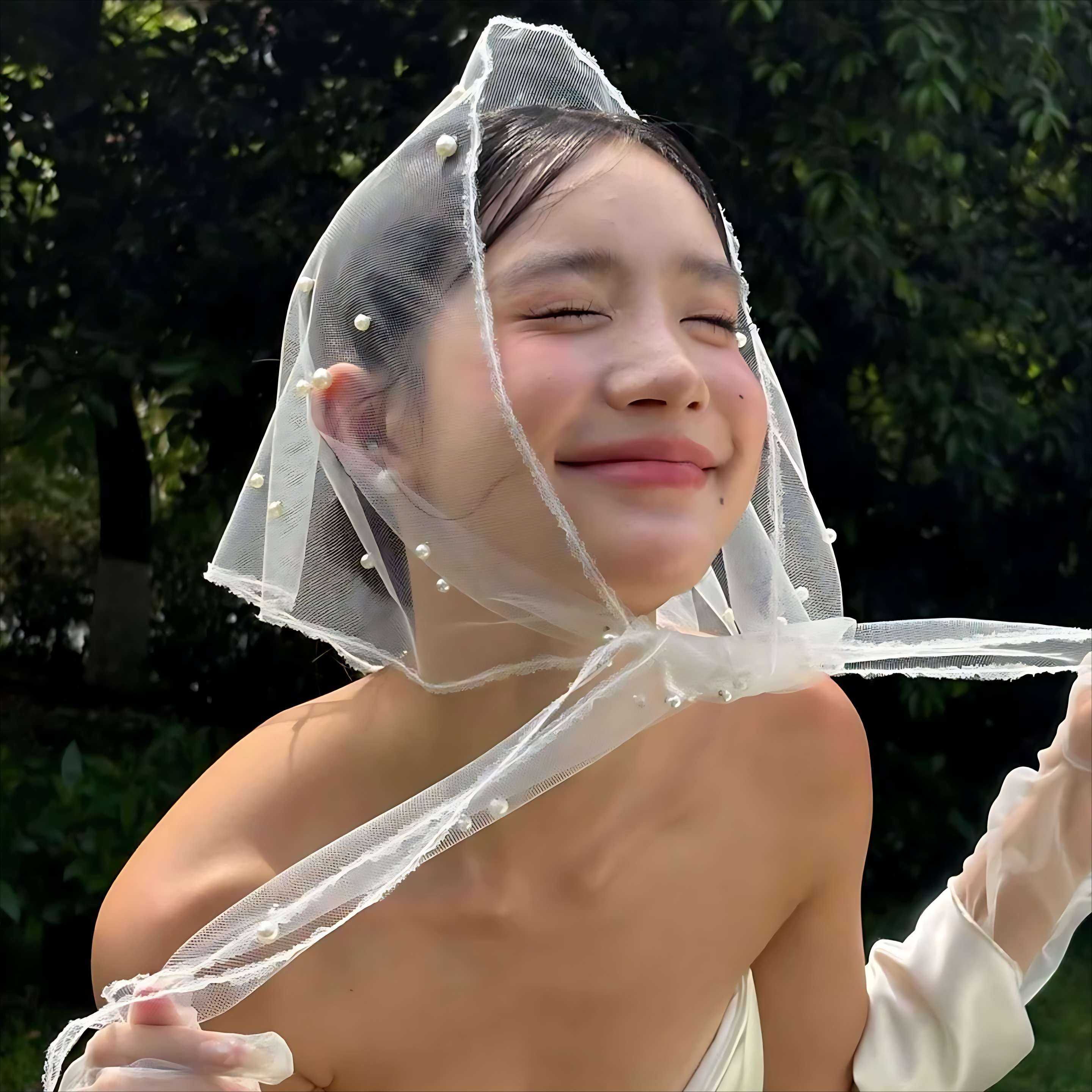 法式新娘珍珠三角头巾头纱甜美