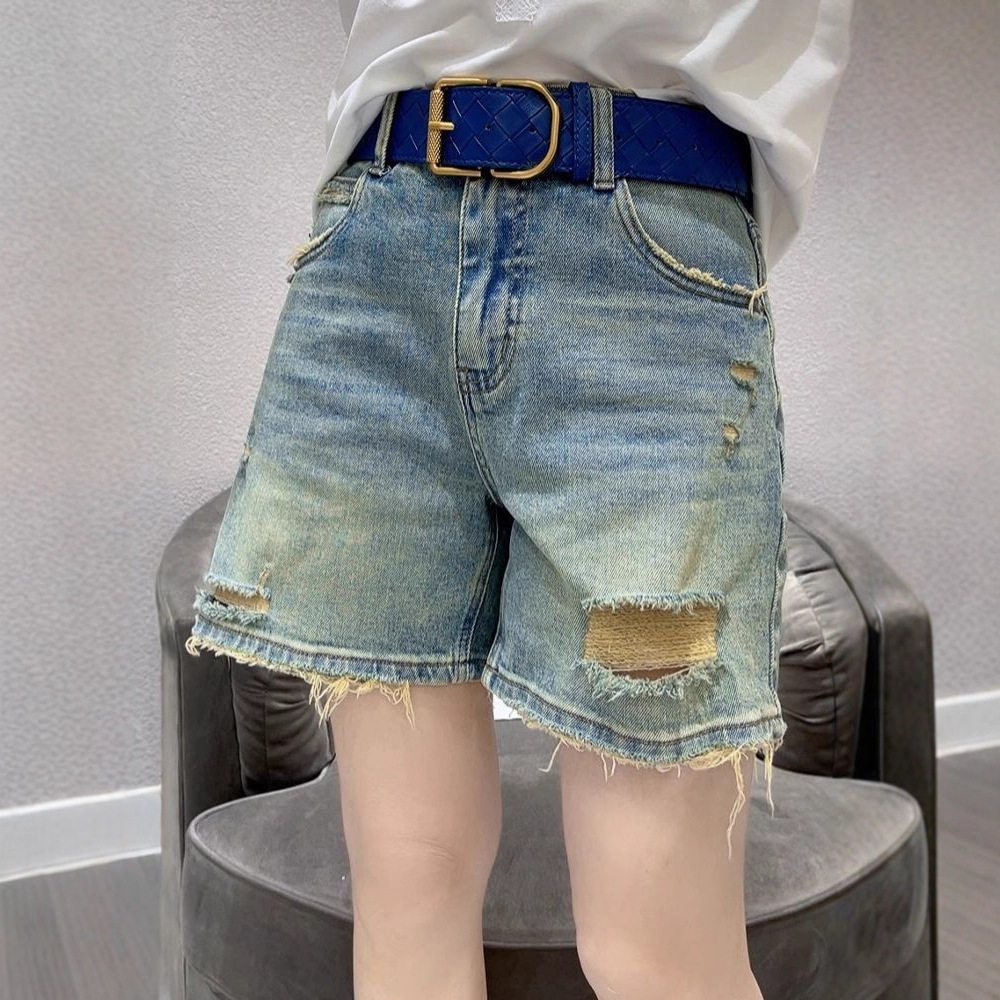 2025夏季新款破洞直筒宽松遮胯阔腿裤大码百搭无弹A字牛仔短裤女