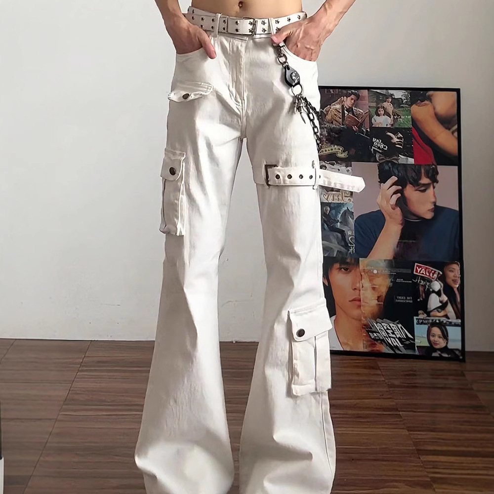 cleanfit绑带微喇牛仔裤男生新款美式高街vibe裤子痞帅白色休闲裤