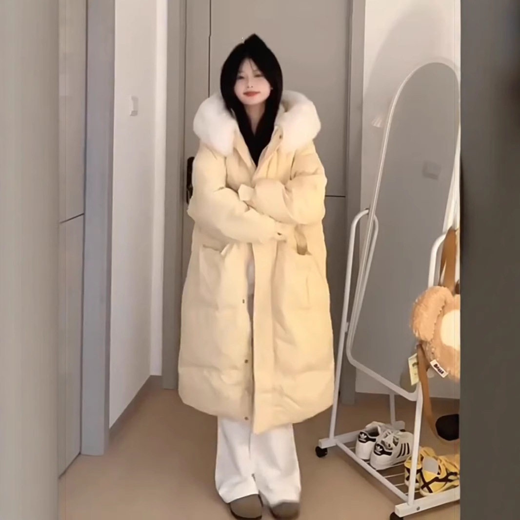 纯色中长款棉衣棉服秋冬季韩版连帽设计感保暖加厚大毛领棉袄