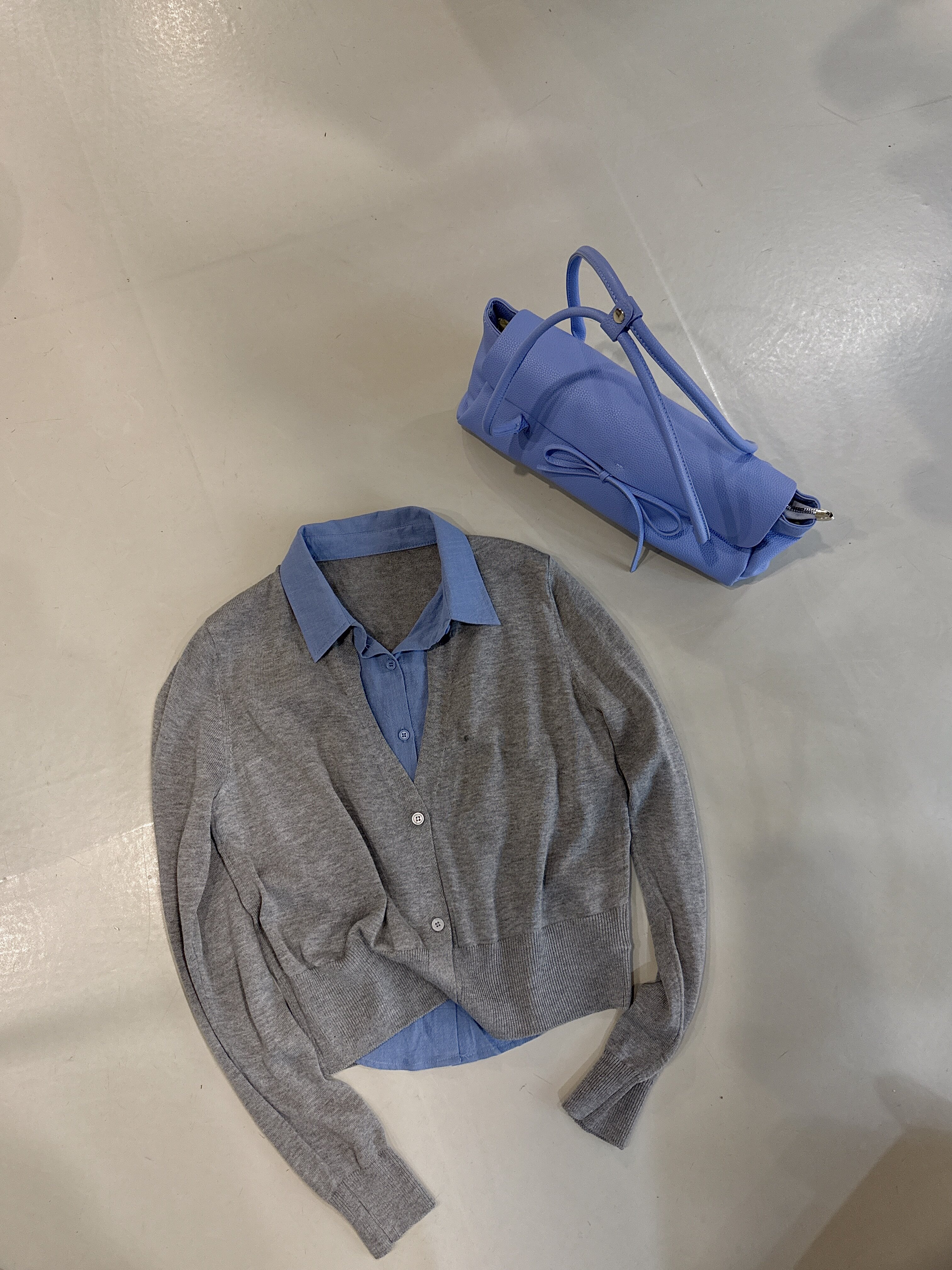 纽约书卷气~智性感慵懒麻料拼接针织衫女休闲叠穿假两件上衣
