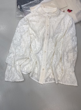 仙仙公主chic别致立领蕾丝刺绣小花衬衫秋复古法式少女打底新品