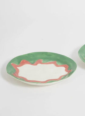 FQR LIVING英国GIGI ANDTOM手工制作绘画陶器绿色红圈餐盘 菜盘