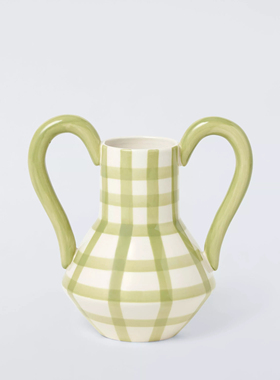 FQR LIVING英国PARTNERS手工制作绘画陶器淡绿色格纹带双柄花瓶