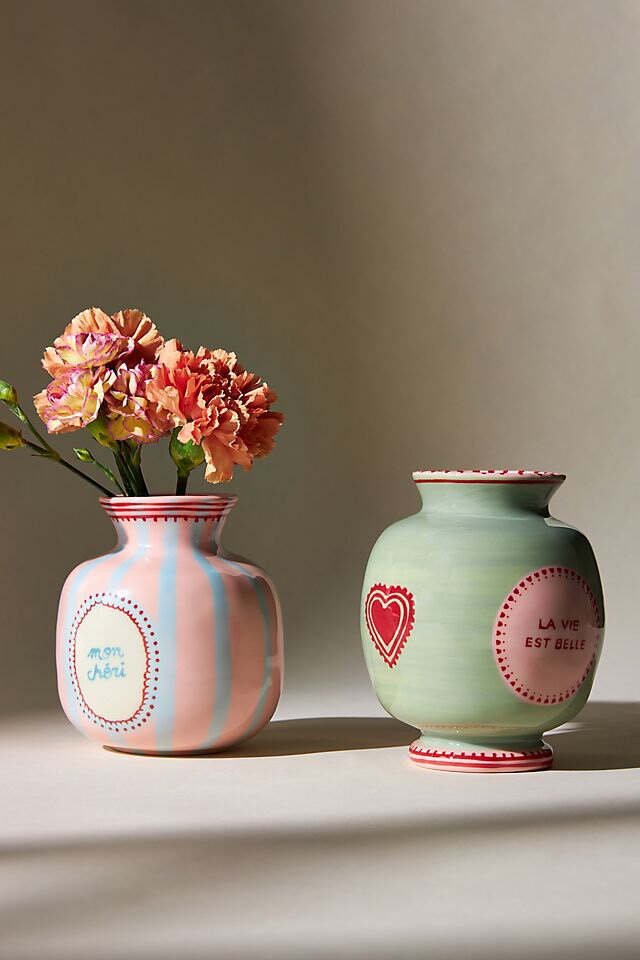FQR LIVING英国红牌手工绘画粉色绿色花瓶 家居装饰摆件